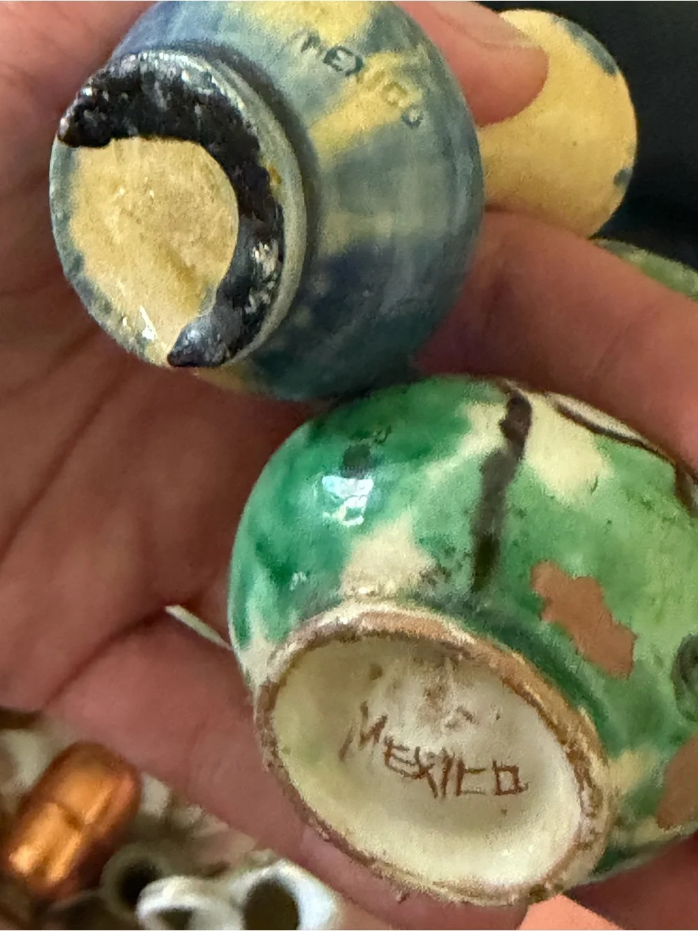 Vintage pair miniature ceramic drip glaze pottery vases, Mexico